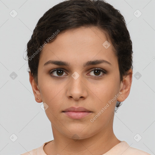 Neutral white young-adult female with short  brown hair and brown eyes