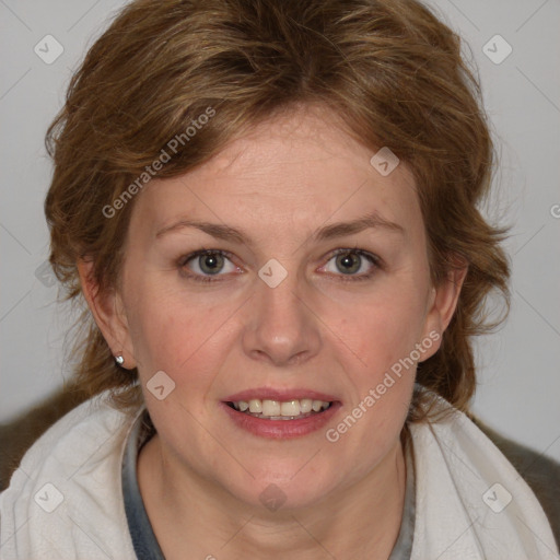 Joyful white young-adult female with medium  brown hair and blue eyes