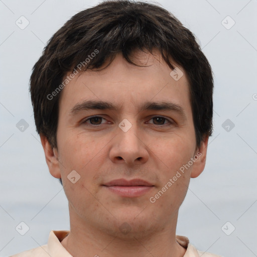 Neutral white young-adult male with short  brown hair and brown eyes