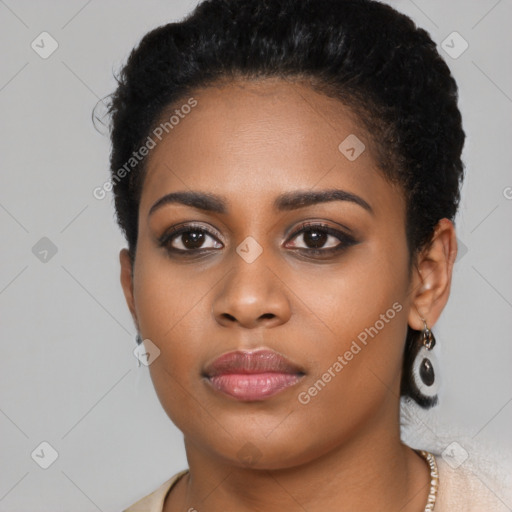 Neutral black young-adult female with short  black hair and brown eyes