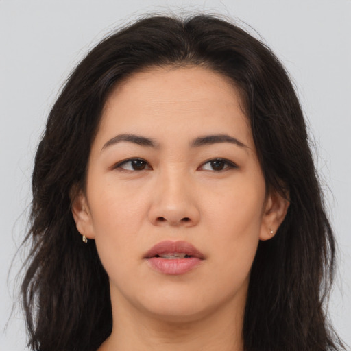 Neutral asian young-adult female with long  brown hair and brown eyes