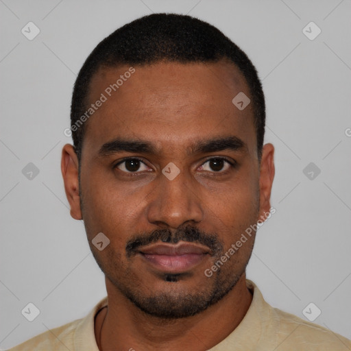 Neutral black young-adult male with short  black hair and brown eyes