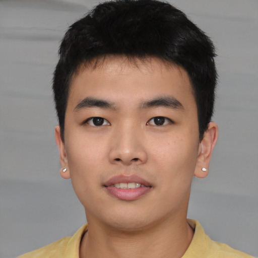 Neutral asian young-adult male with short  brown hair and brown eyes