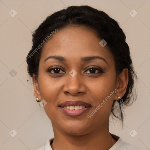 Joyful latino young-adult female with short  brown hair and brown eyes