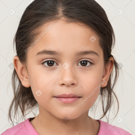 Joyful white child female with medium  brown hair and brown eyes