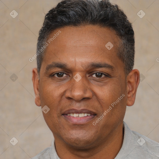 Joyful black adult male with short  black hair and brown eyes