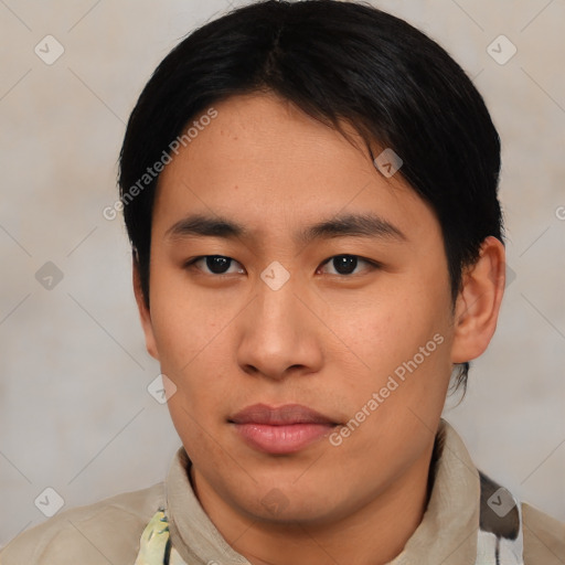 Neutral asian young-adult male with short  black hair and brown eyes