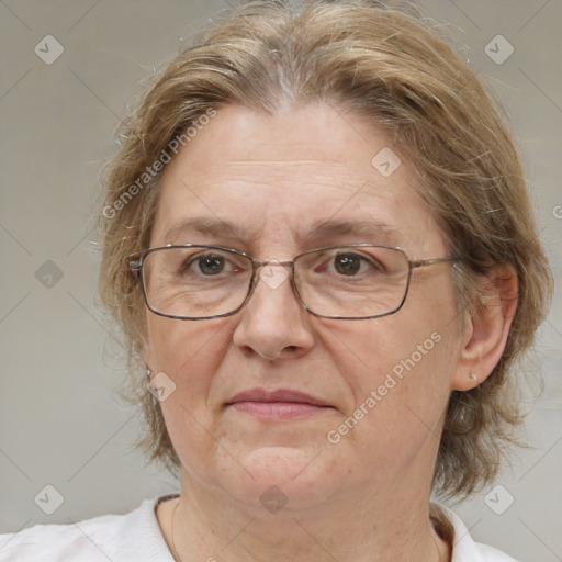 Joyful white middle-aged female with medium  brown hair and brown eyes