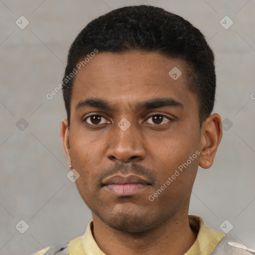Neutral latino young-adult male with short  black hair and brown eyes