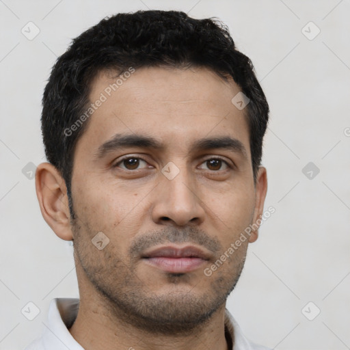 Neutral latino young-adult male with short  black hair and brown eyes