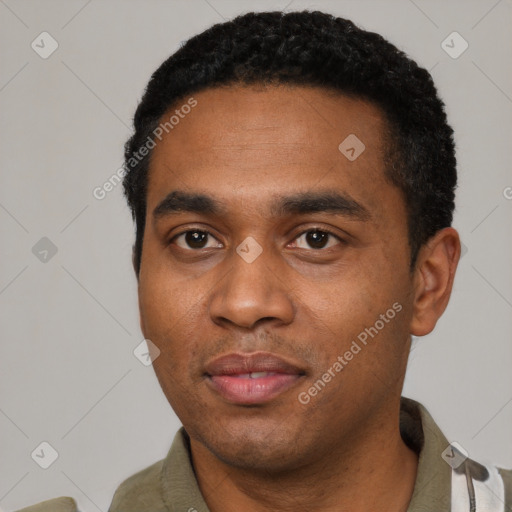 Neutral black young-adult male with short  black hair and brown eyes