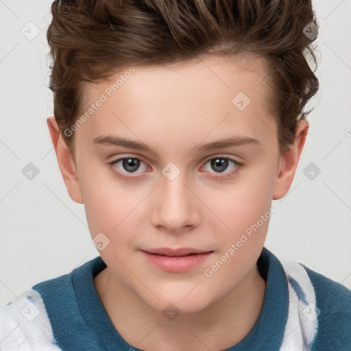 Joyful white child female with short  brown hair and brown eyes