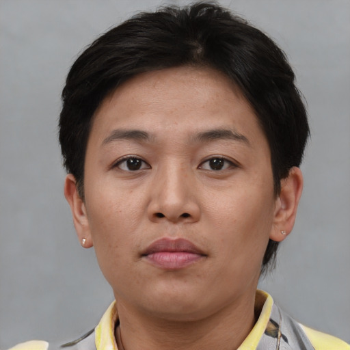 Neutral asian young-adult female with short  brown hair and brown eyes