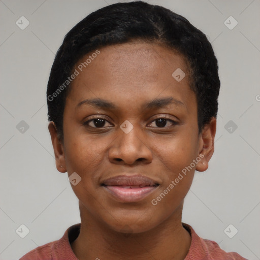 Joyful black young-adult female with short  black hair and brown eyes