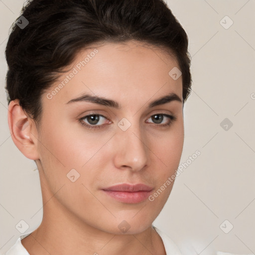 Neutral white young-adult female with short  brown hair and brown eyes