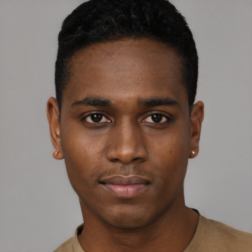 Neutral black young-adult male with short  black hair and brown eyes