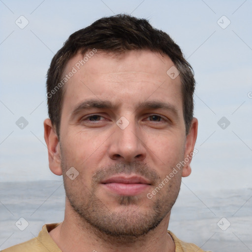 Neutral white adult male with short  brown hair and brown eyes