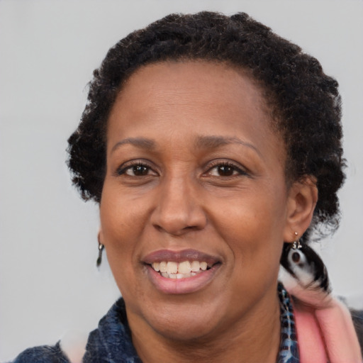 Joyful black adult female with short  brown hair and brown eyes