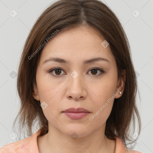 Neutral white young-adult female with medium  brown hair and brown eyes