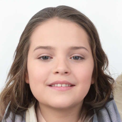 Joyful white child female with medium  brown hair and brown eyes