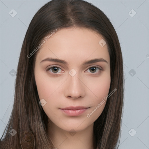 Neutral white young-adult female with long  brown hair and brown eyes