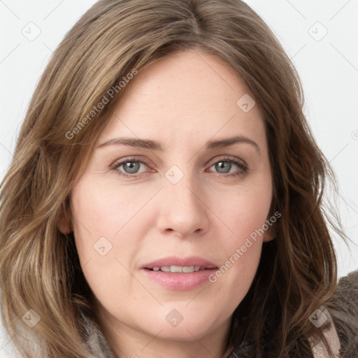 Joyful white young-adult female with long  brown hair and green eyes