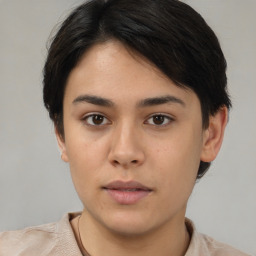 Neutral white young-adult female with short  brown hair and brown eyes