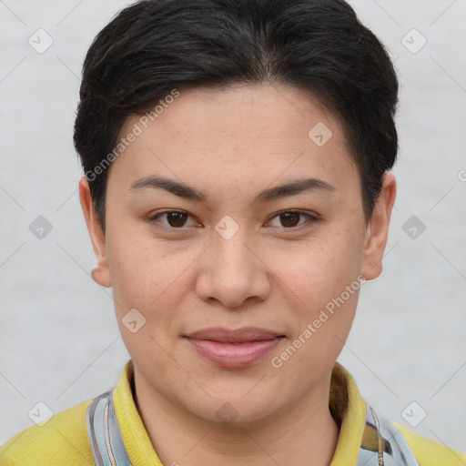 Joyful white young-adult female with short  brown hair and brown eyes