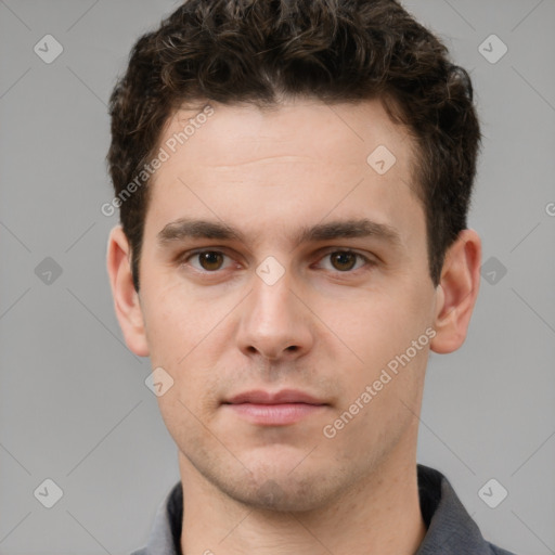 Neutral white young-adult male with short  brown hair and grey eyes