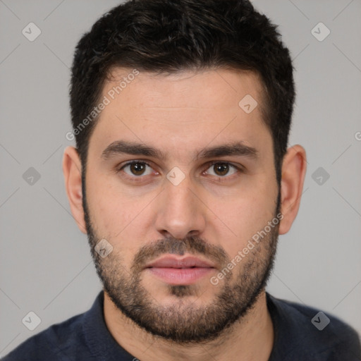 Neutral white young-adult male with short  brown hair and brown eyes