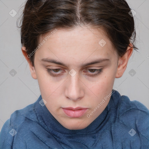 Neutral white young-adult female with short  brown hair and brown eyes