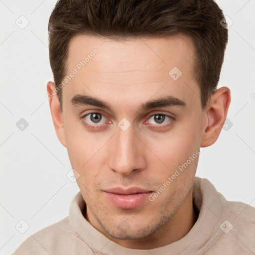 Neutral white young-adult male with short  brown hair and brown eyes