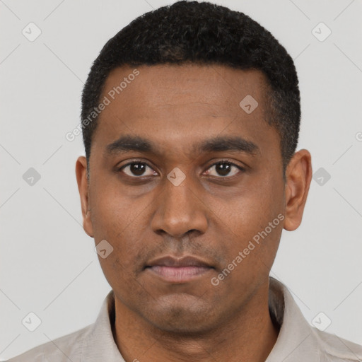 Neutral latino young-adult male with short  black hair and brown eyes