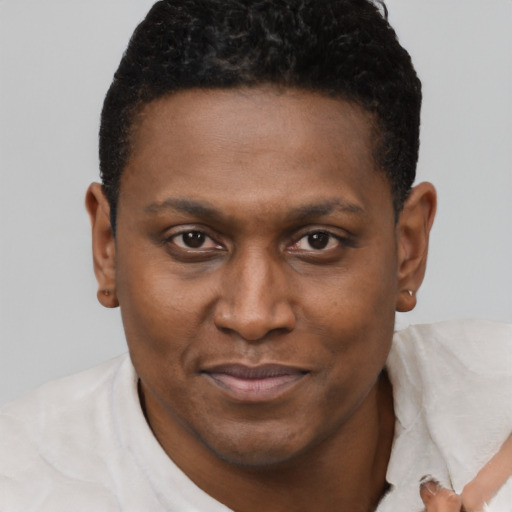 Joyful black young-adult male with short  brown hair and brown eyes