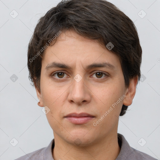 Neutral white young-adult male with short  brown hair and brown eyes