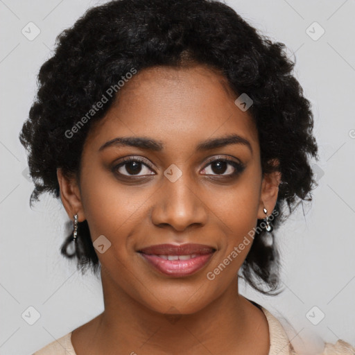 Joyful black young-adult female with medium  black hair and brown eyes