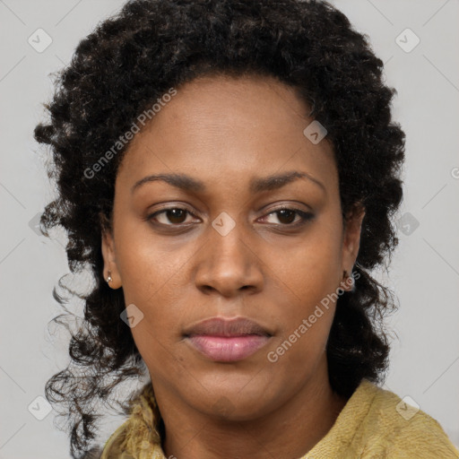 Neutral black young-adult female with medium  brown hair and brown eyes