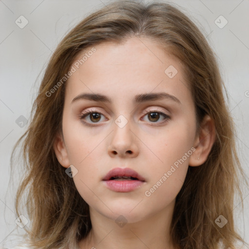 Neutral white young-adult female with long  brown hair and brown eyes