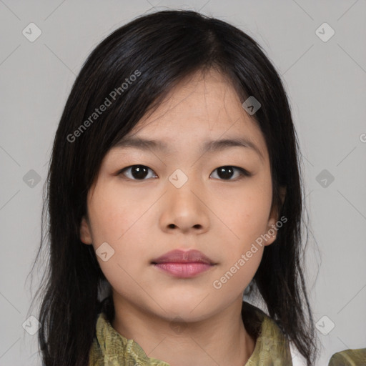 Neutral asian young-adult female with medium  black hair and brown eyes