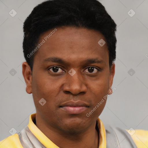 Neutral latino young-adult male with short  black hair and brown eyes