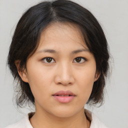 Neutral asian young-adult female with medium  brown hair and brown eyes