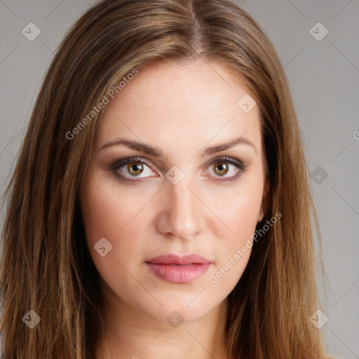 Neutral white young-adult female with long  brown hair and brown eyes