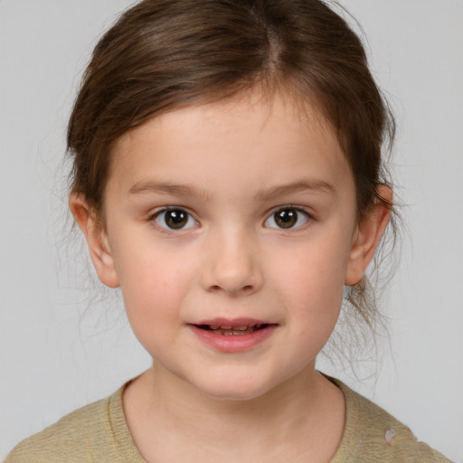 Joyful white child female with medium  brown hair and brown eyes