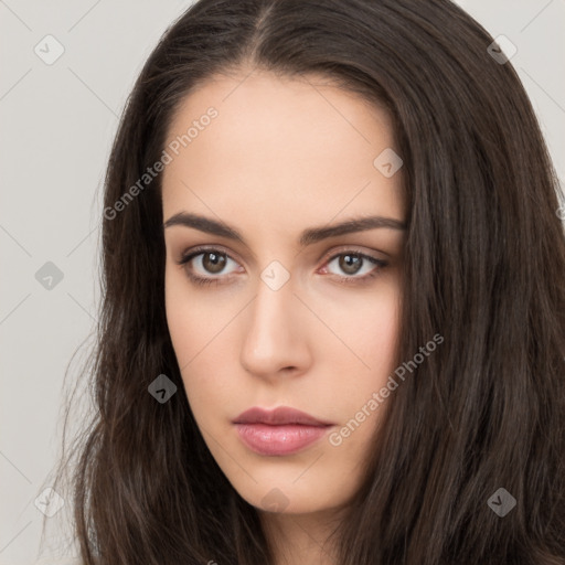 Neutral white young-adult female with long  brown hair and brown eyes