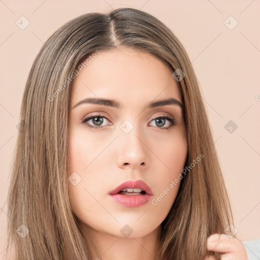 Neutral white young-adult female with long  brown hair and brown eyes