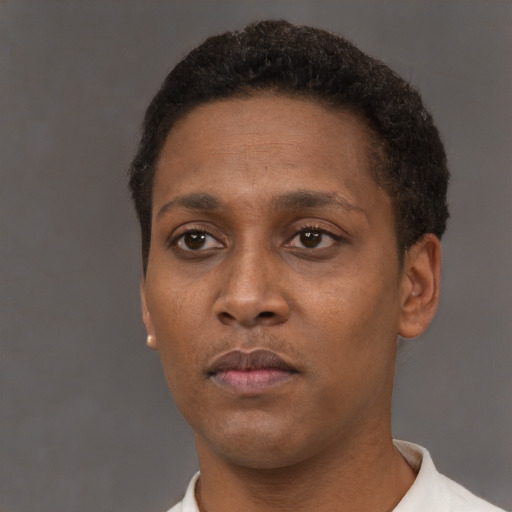 Neutral black adult female with short  brown hair and brown eyes