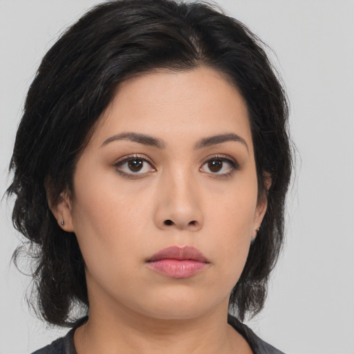 Neutral asian young-adult female with medium  black hair and brown eyes