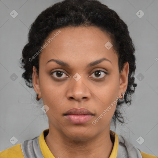 Neutral black young-adult female with short  black hair and brown eyes