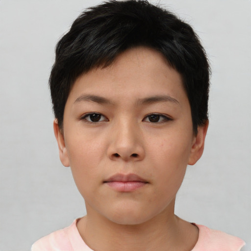 Neutral asian young-adult female with short  brown hair and brown eyes