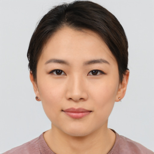 Neutral asian young-adult female with short  brown hair and brown eyes